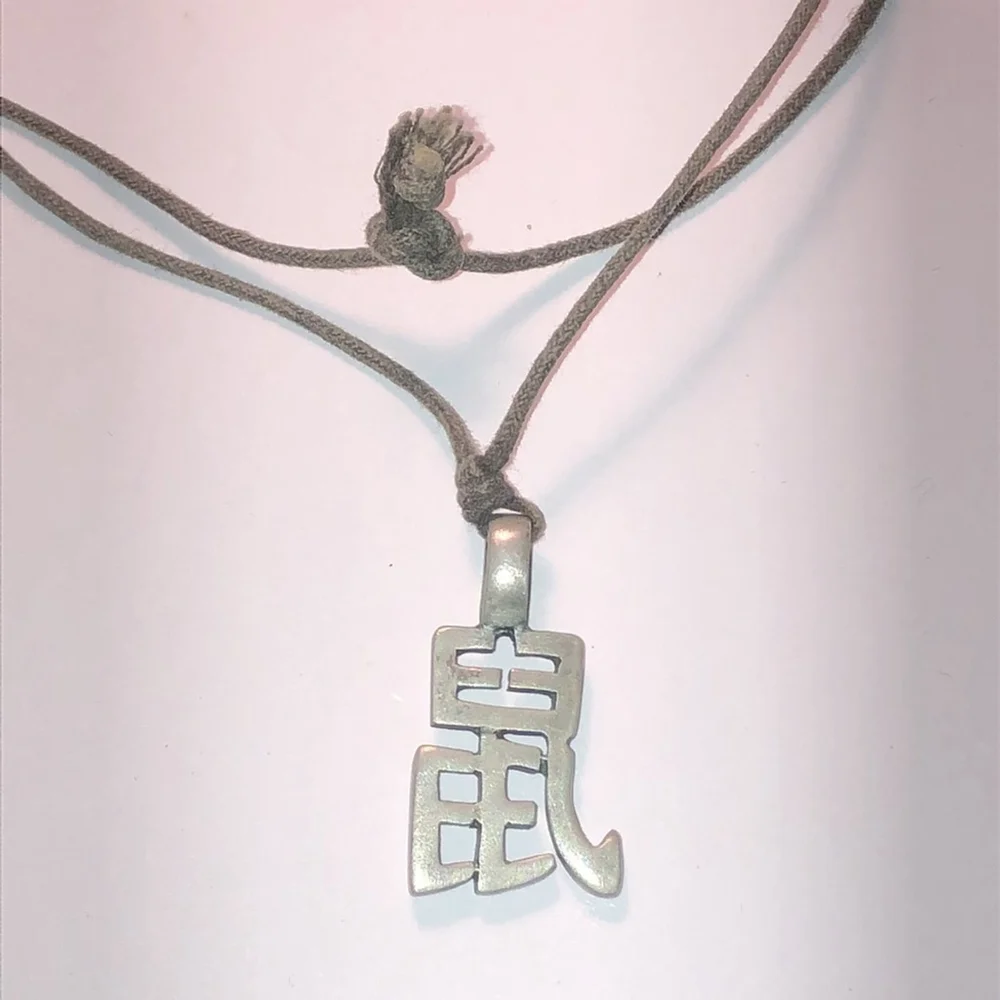 Chinese Zodiac Year of the Rat Pewter Pendant Fabric Cord Chain